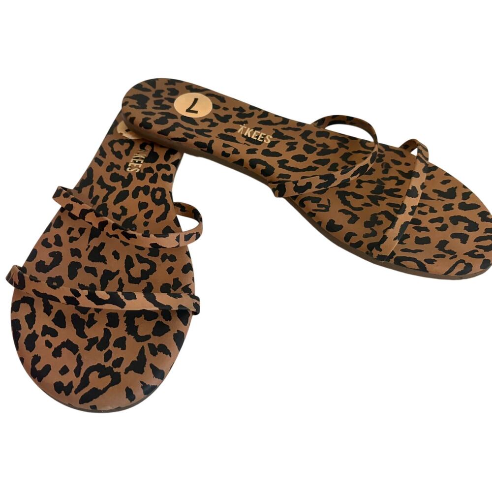 TKEES Gemma Leather Leopard Print Double Strap Flat Sandals Slip On Casual